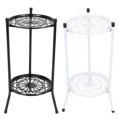 Black and white metal 2-tier plant stands side by side