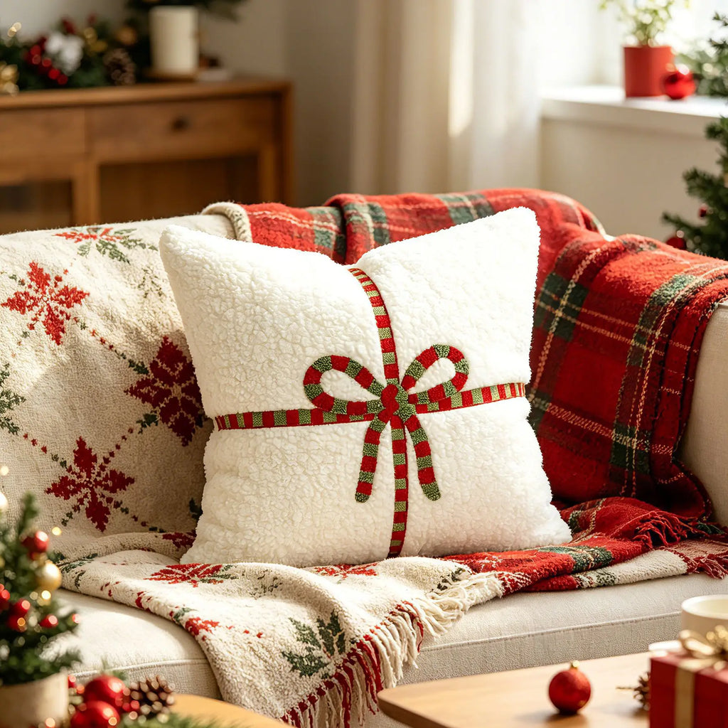 White teddy velvet Christmas pillow cover with bow design on a decorated couch
