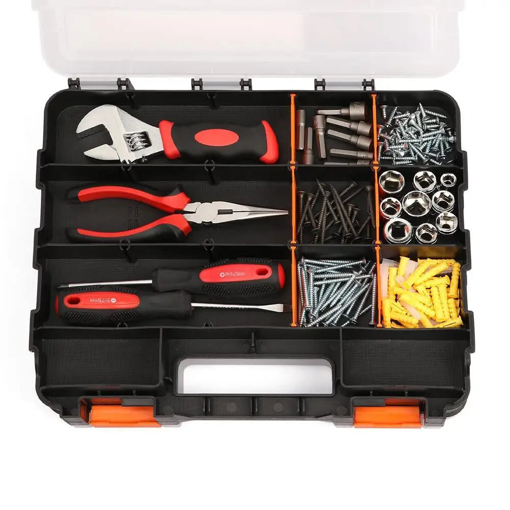 Open hardware organizer box with orange dividers, holding pliers, screwdrivers, and assorted hardware