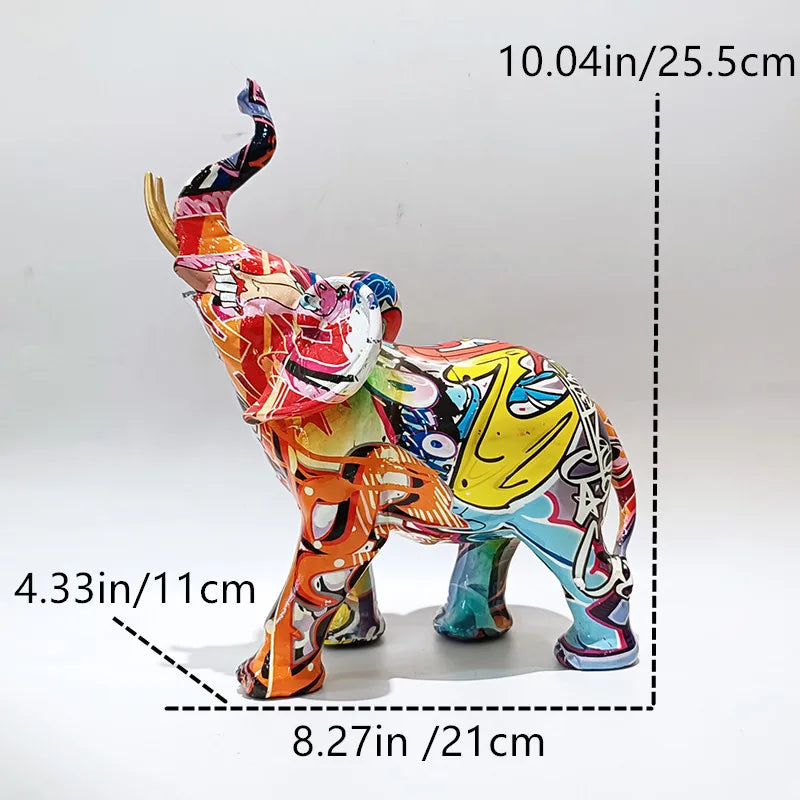 Large graffiti elephant statue showing size measurements in centimeters and inches