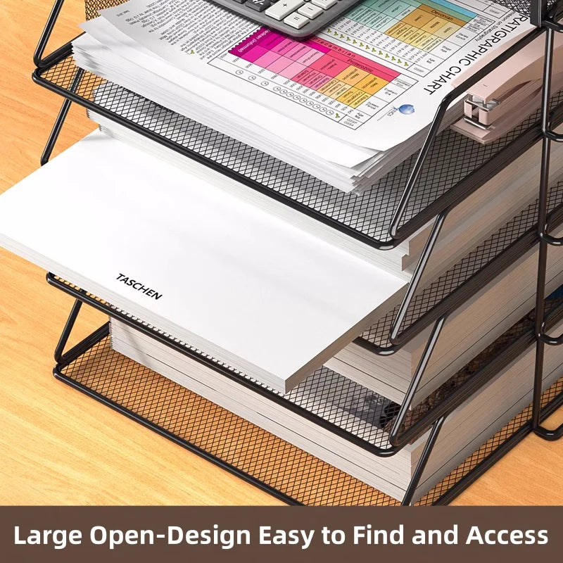 Mesh Metal Desk Organizer with Multi-Tier Paper Trays and Pen Holder