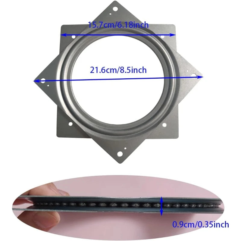 turntable bearing with dimensions labeled and close-up showing thickness and ball bearings