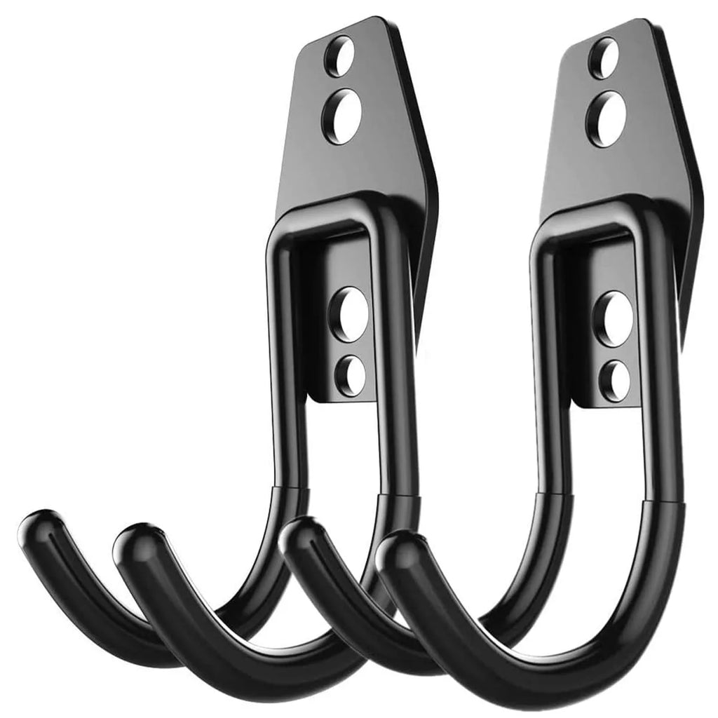 Pair of black wall-mounted iron storage hooks for garage or utility use