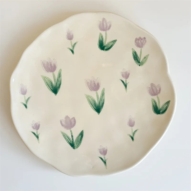 Meadow Hand-Painted Ceramic Dessert Plate – Flower Patterned Porcelain Saucers for Cozy Coffee & Tea Table Settings