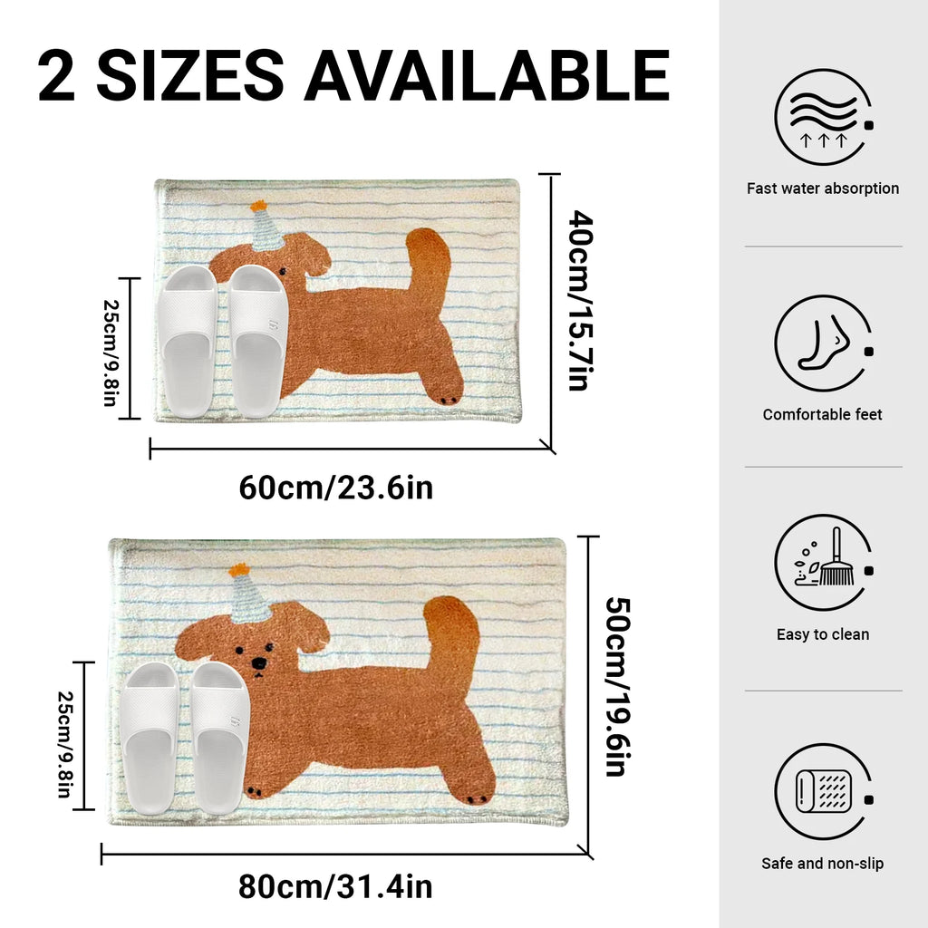 Size chart of puppy print fleece mats showing 40x60cm and 50x80cm options with icons for water absorption, comfortable feet, cleaning, and slip resistance