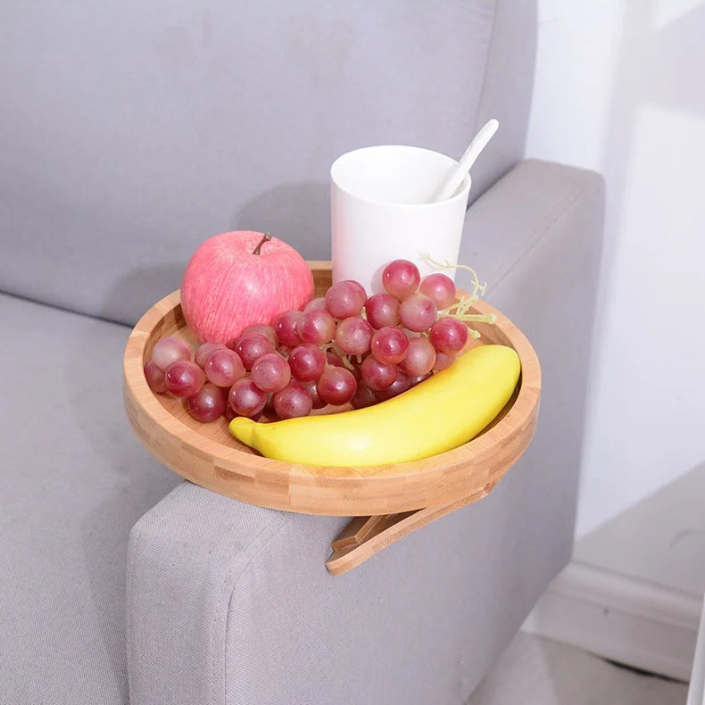 Round Bamboo Sofa Armrest Tray Table for Living Room