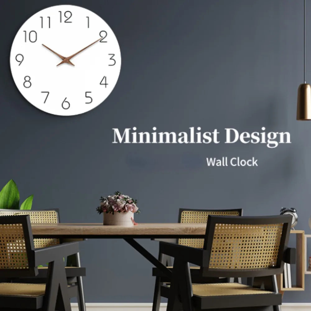 Minimalist white wall clock styled in a dining room with blue wall