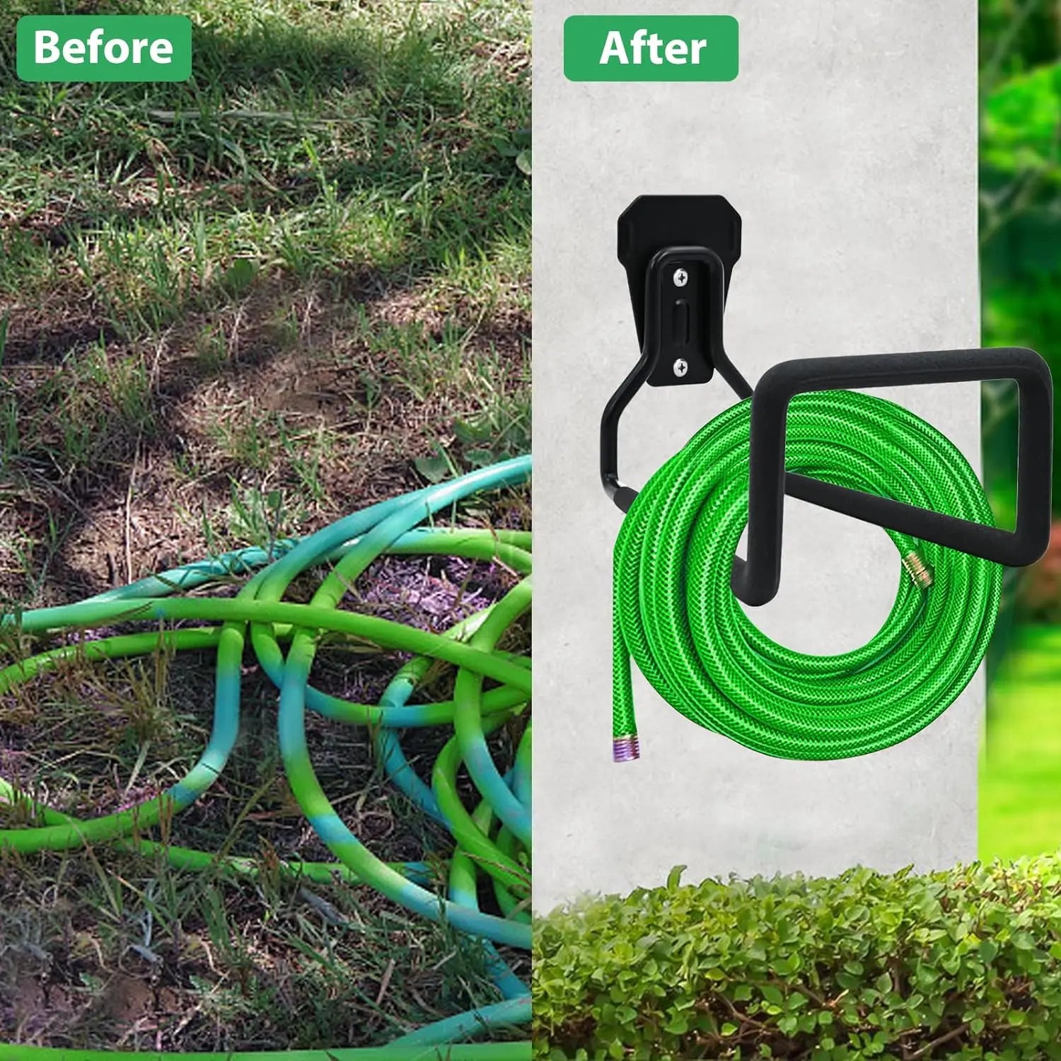 Before and after: tangled green hoses on ground and a green hose hung neatly on a wall-mounted holder