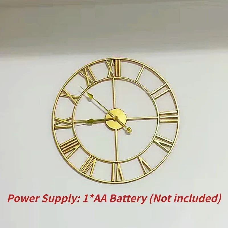 Gold metal Roman numeral wall clock hanging on a light wall with text indicating AA battery requirement