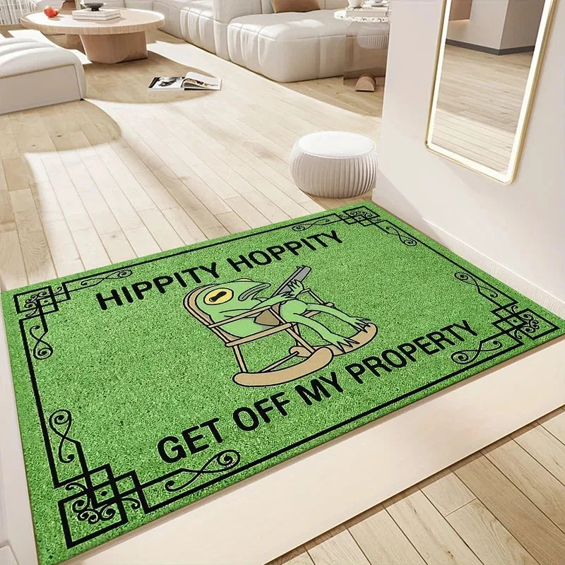 Large frog doormat with green background in bright living room