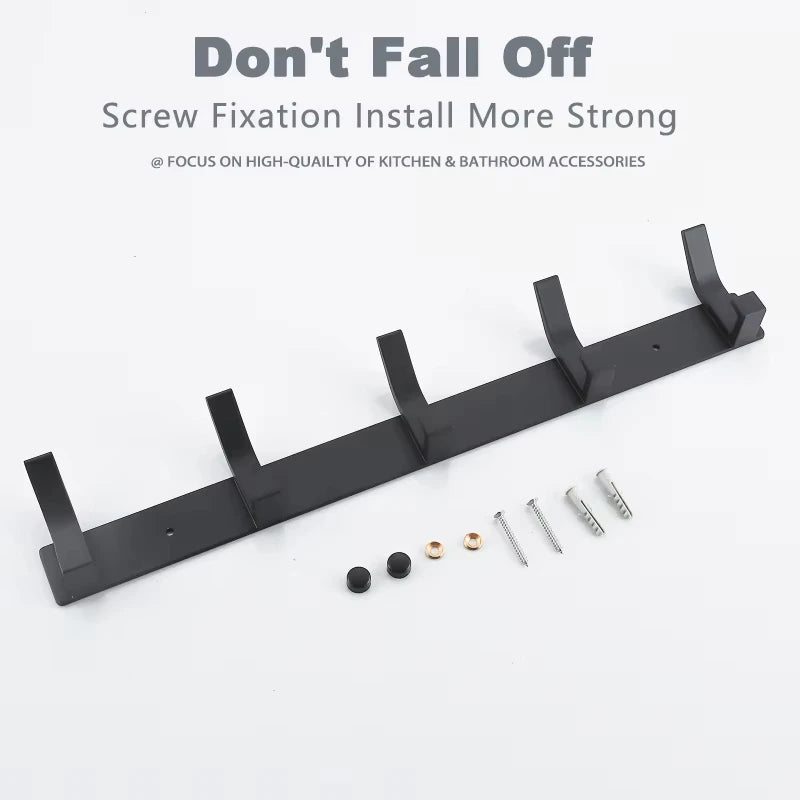 Black metal wall hook rack shown with included screw-mounting hardware