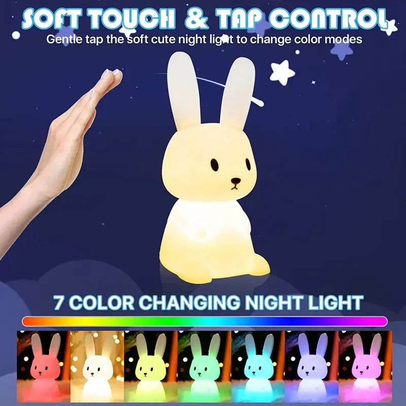 Hand reaching toward a bunny night light to show touch sensor function and seven color mode options