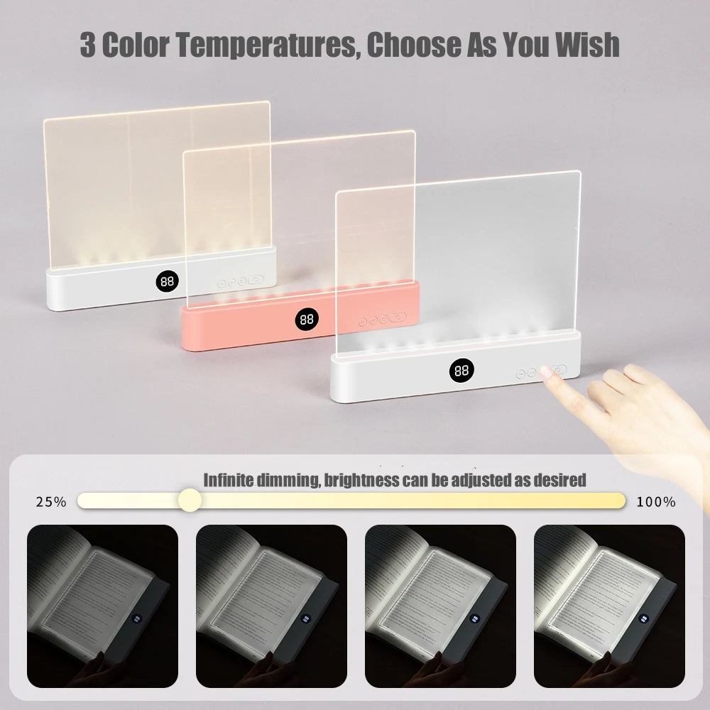 Flat panel book lights in pink, white, and black showing different color temperatures and brightness adjustments