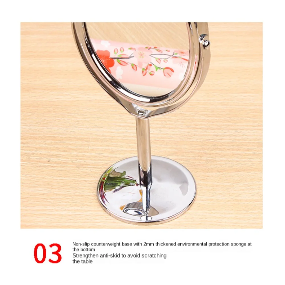 Sturdy non-slip chrome base of a small tabletop mirror on wood surface