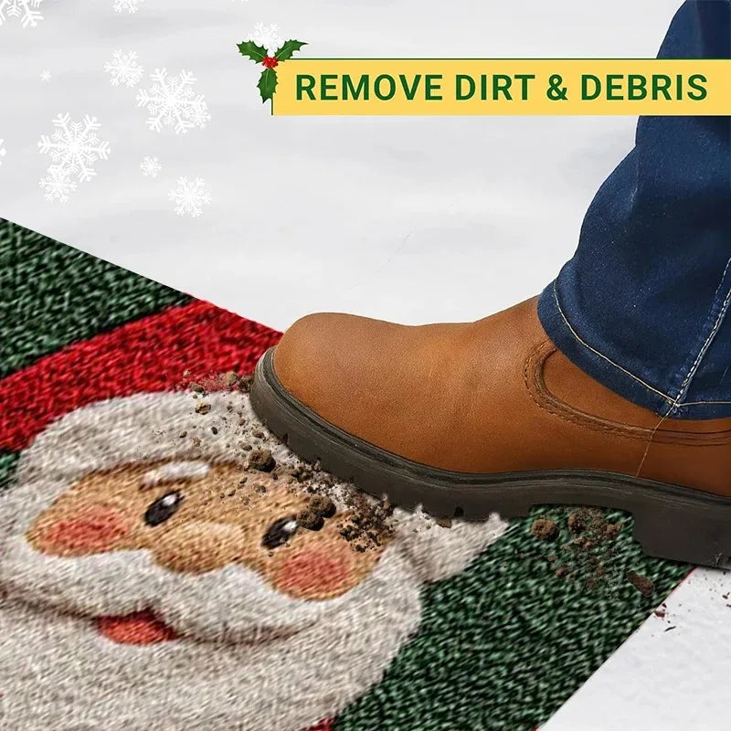 Boot brushing dirt off Santa Claus themed holiday door mat