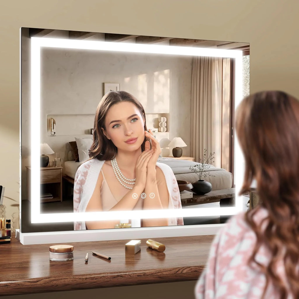 Rectangular LED Tabletop Vanity Mirror with Touch Dimming, White