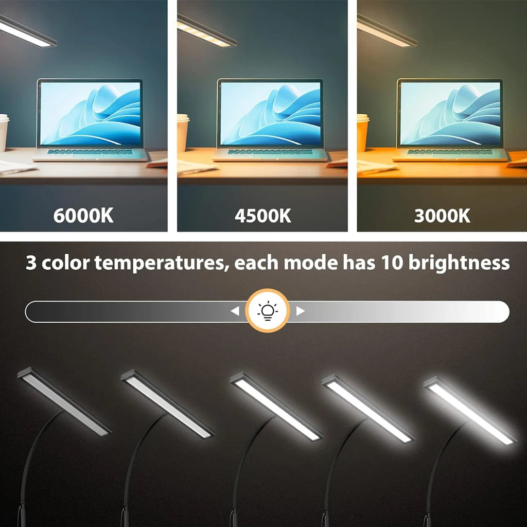 Three color temperatures of LED desk lamp over a laptop, with brightness control slider and desk clamp