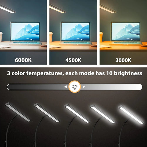 Three color temperatures of LED clamp lamp lighting up a laptop: 6000K cool white, 4500K warm white, 3000K warm, with controller showing brightness levels.