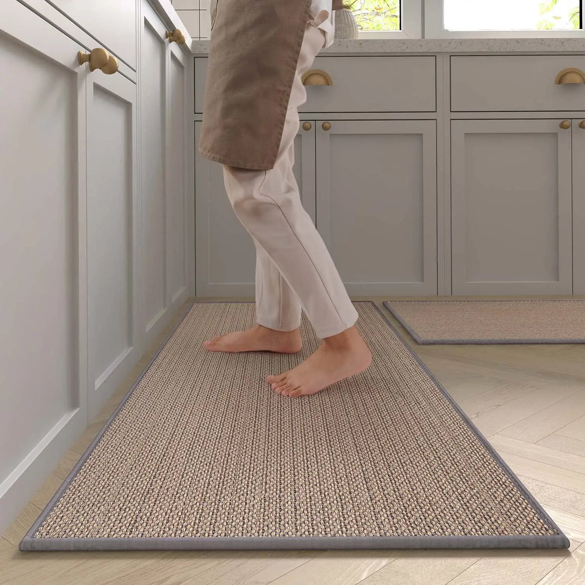 Washable Faux Sisal Kitchen Runner Rug with Non-Slip Rubber Backing – Plaid Woven Look, Brown or Grey, Multiple Sizes for Kitchen and