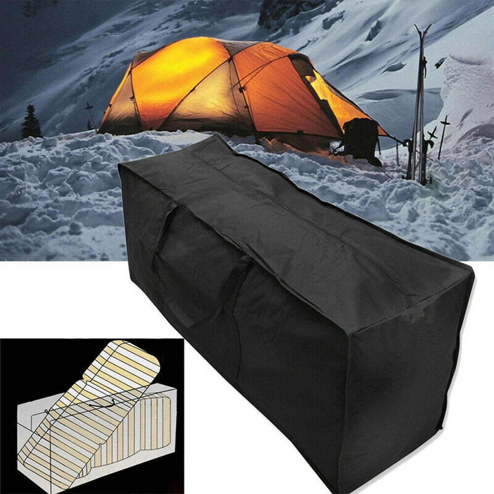 Water-resistant black storage bag with handles, placed outdoors near a camping tent in the snow