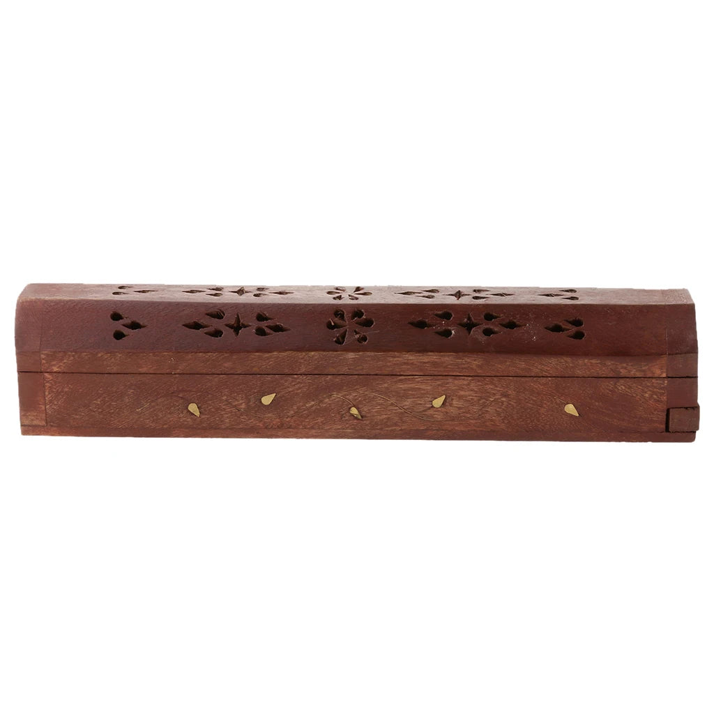 Handmade wooden incense holder box closed, top view of carved pattern