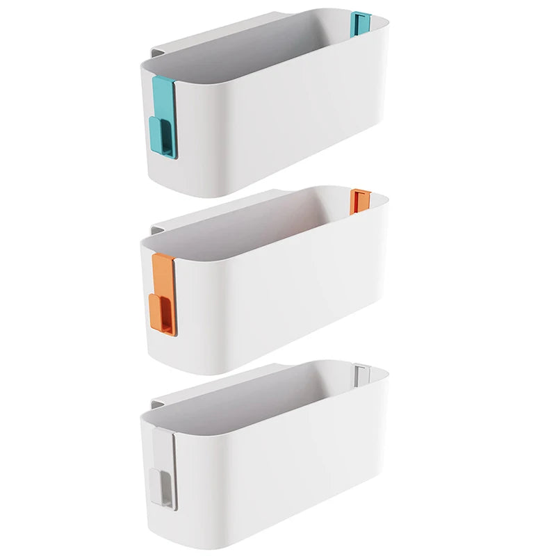 Three color options for bedside hanging storage caddy showing different hook colors