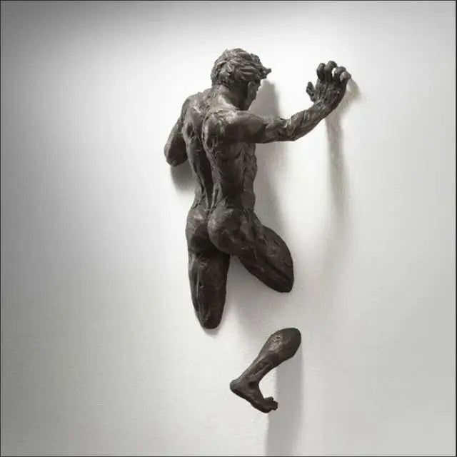 Verro Abstract Climbing Man 3D Wall Sculpture in Imitation Copper Resin for Dramatic Modern Living Room or Entryway Art