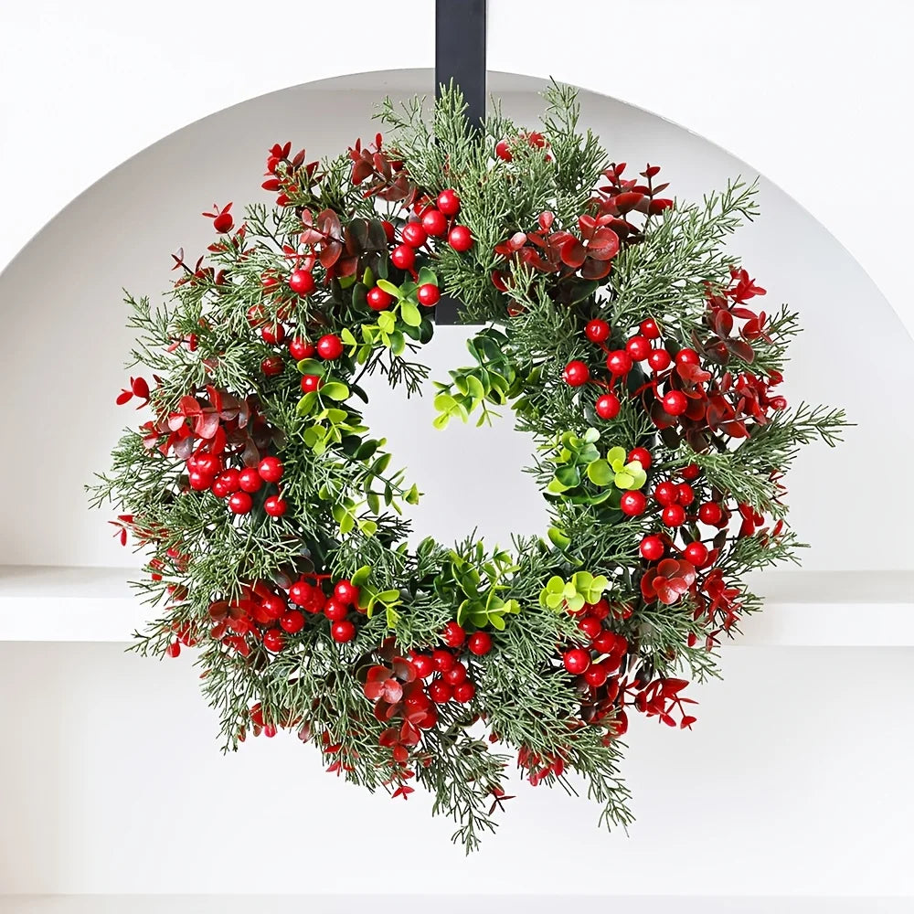 Evergreen & Red Berry Christmas Wreath for Front Door or Wall, 40cm