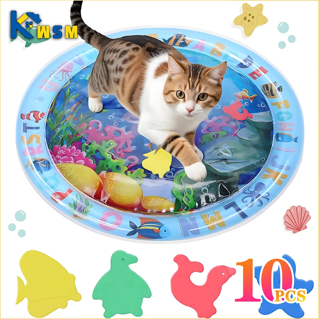 cat playing on round inflatable water play mat with ocean animal theme and floating shapes