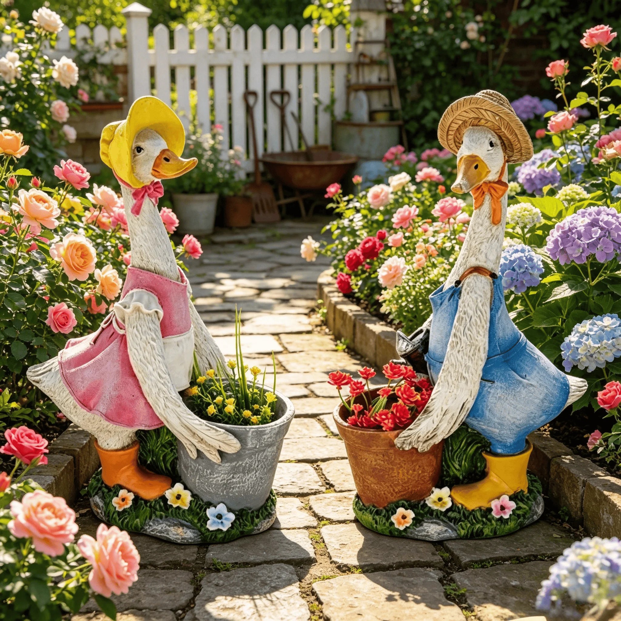 Two resin duck garden statues with built-in planters dressed in blue and pink outfits, placed on a stone garden path with blooming flowers
