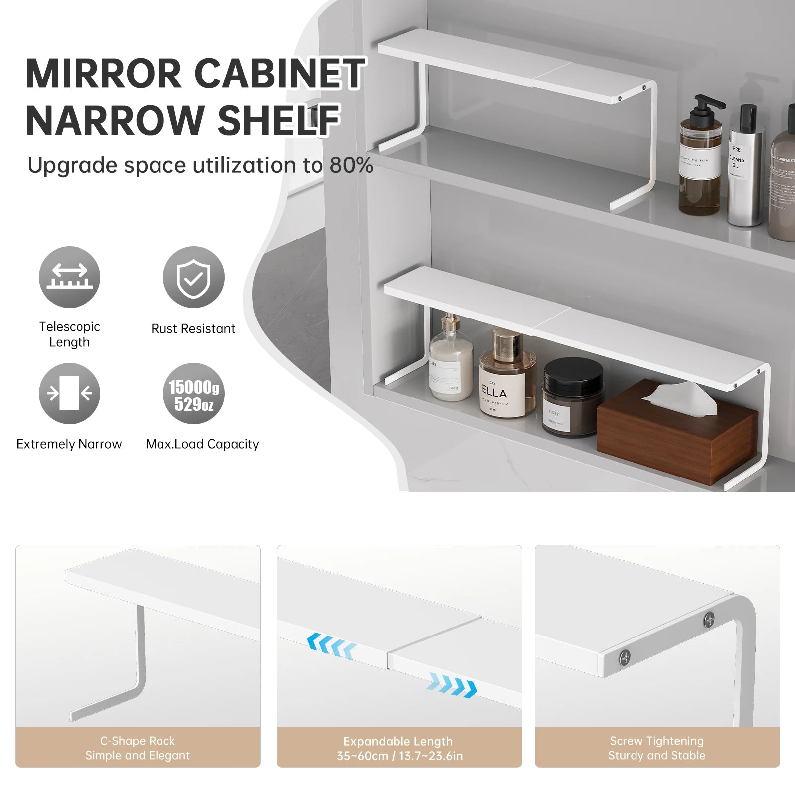 Product infographic showing mirror cabinet narrow shelf features, rust resistance, and adjustable length