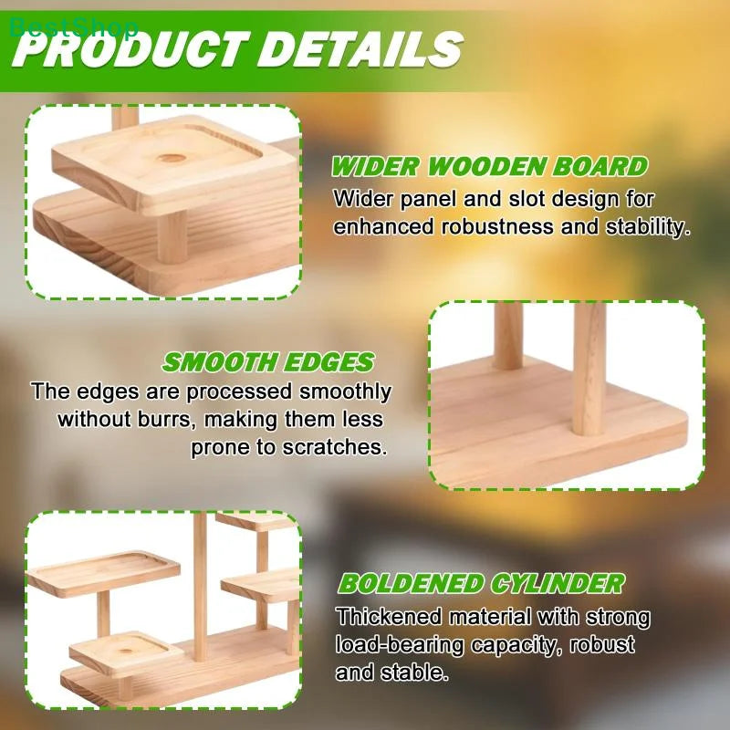 Product details showing wider wooden board, smooth edges, and sturdy construction of the multi-tier plant stand