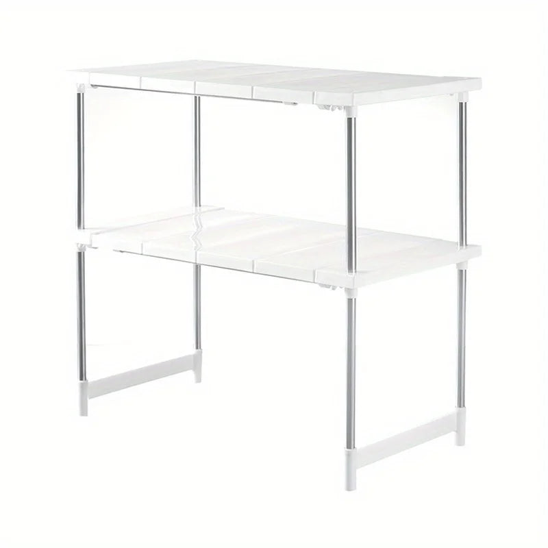 White two-tier expandable kitchen counter shelf organizer with chrome legs
