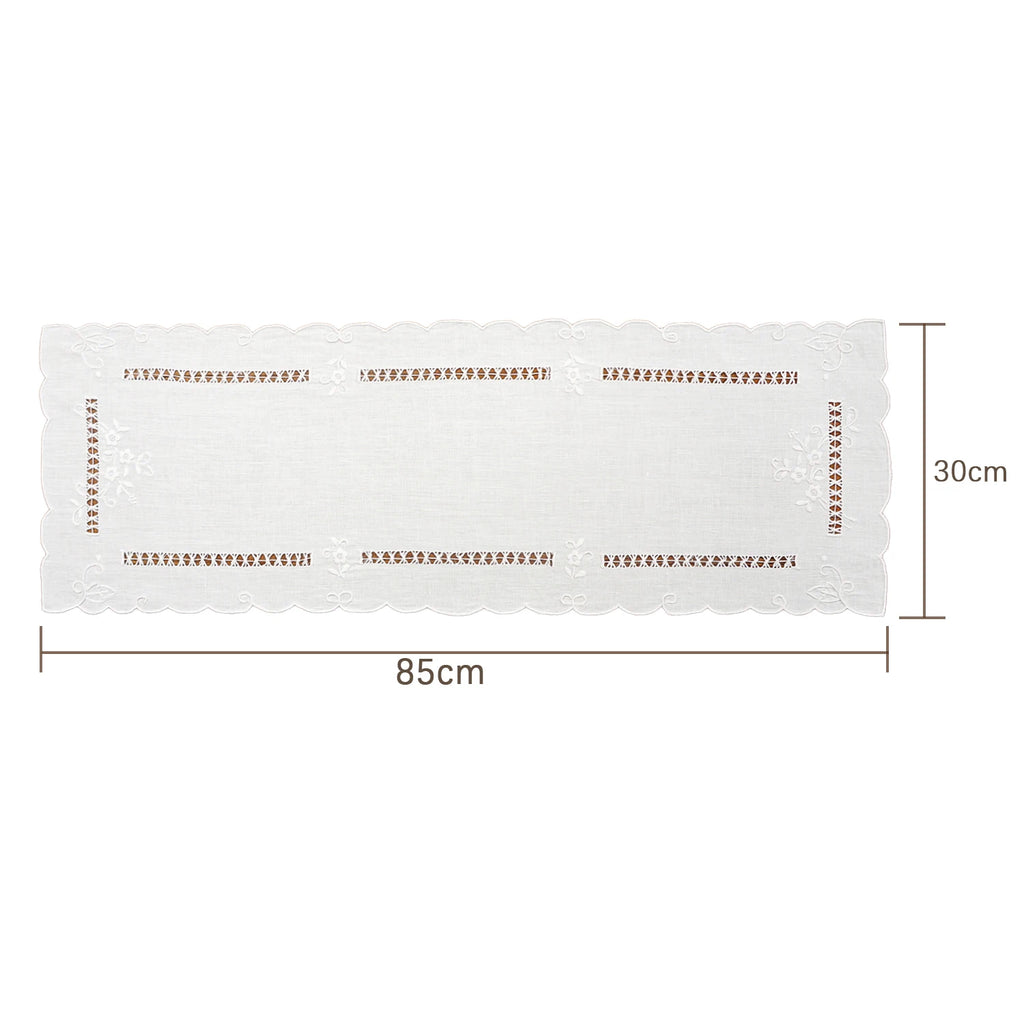 Arden Embroidered Linen Table Runner with Scalloped Edge for Dining & Coffee Table Decor