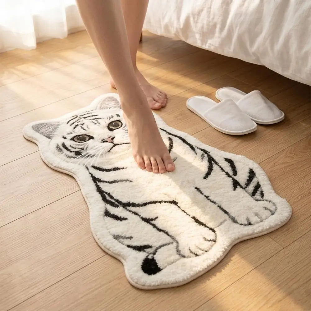 White and grey cat-shaped plush bedside rug under foot near bed