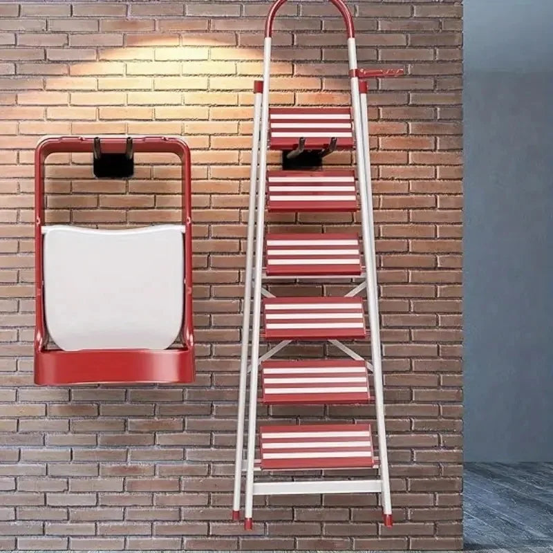 Wall-mounted hook used for hanging step ladder against brick wall