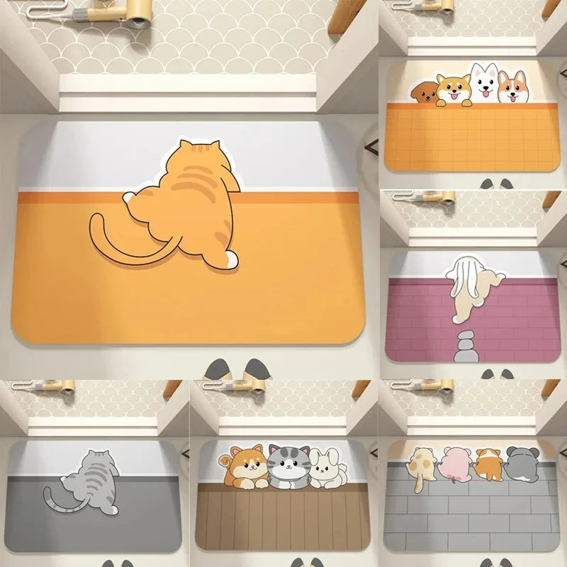 Cartoon pets doormats in various animal designs for entryway or bathroom