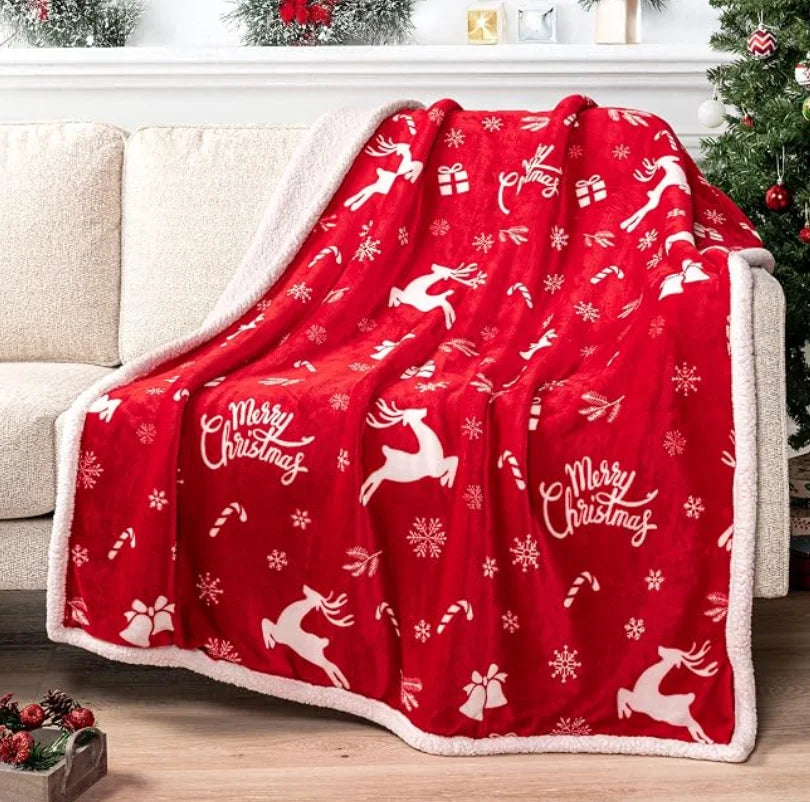 Cozy Sherpa Christmas Throw Blanket – Festive Fleece Holiday Blanket for Sofa, Bed, or Living Room Decor