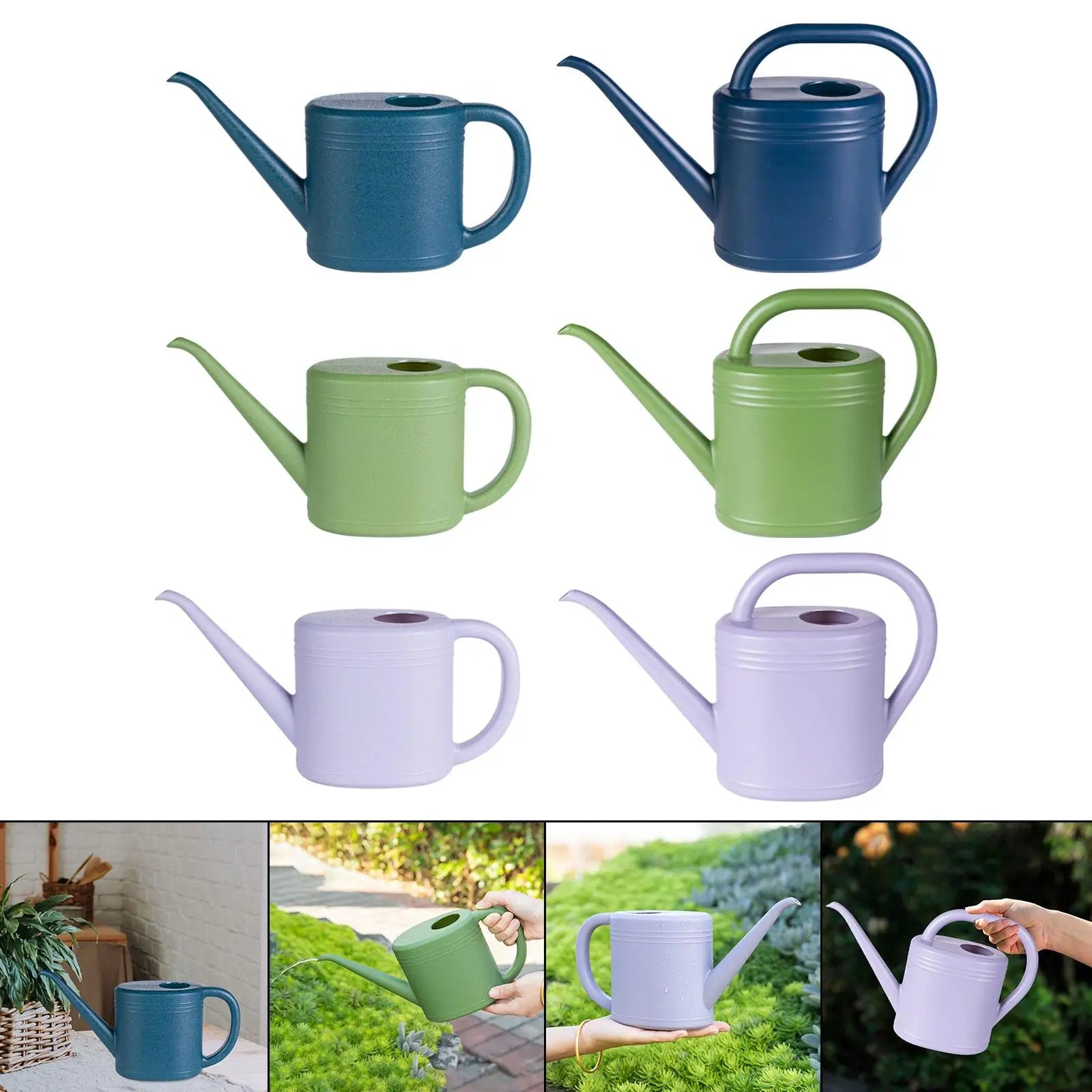 All watering can color and size options shown with in-use examples for plants