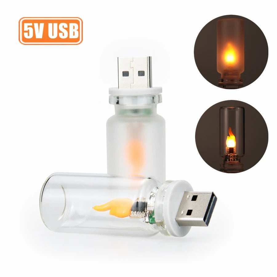 USB glass candle night light with simulated flame effect, showing both frosted and transparent finishes