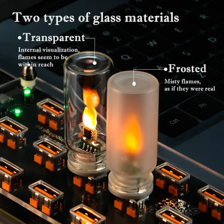 Close-up of transparent and frosted glass USB flame lights plugged in