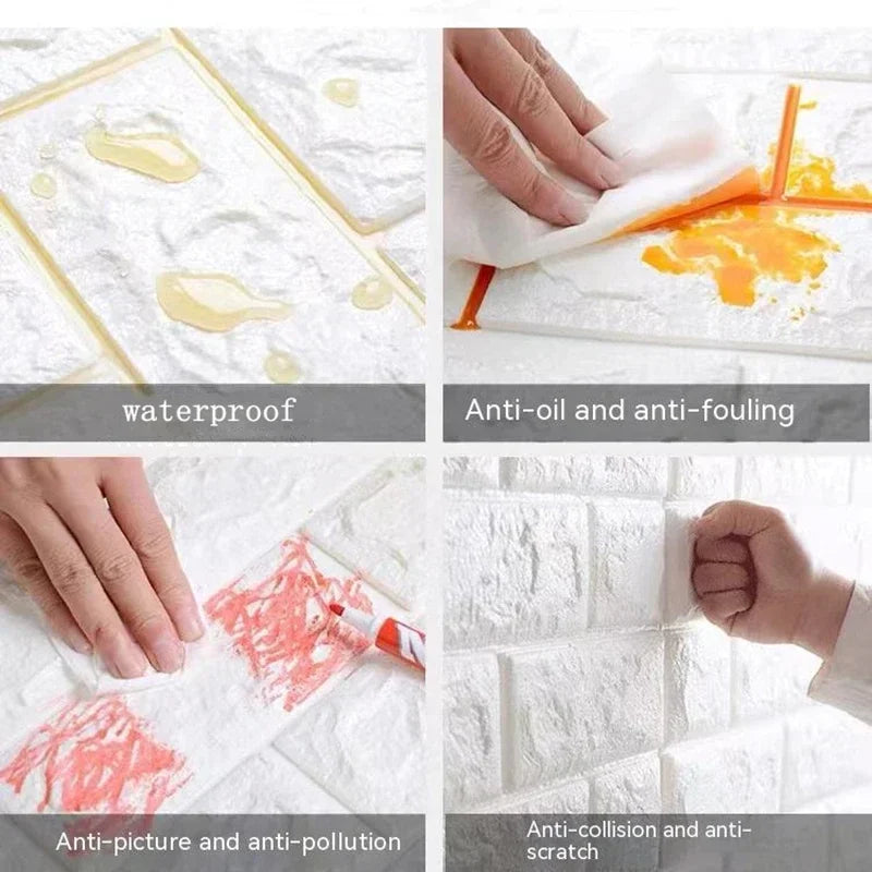 Water, stains, and marks being wiped from easy-to-clean 3D foam brick wall panels