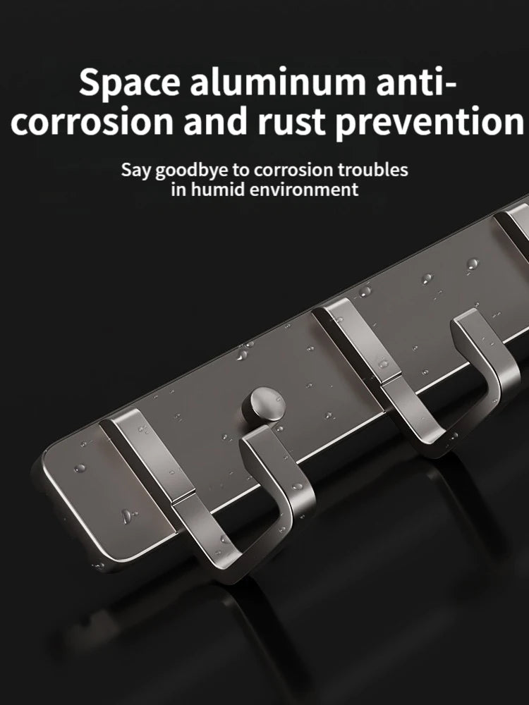close-up of aluminum hook rack with water droplets, referencing corrosion resistance