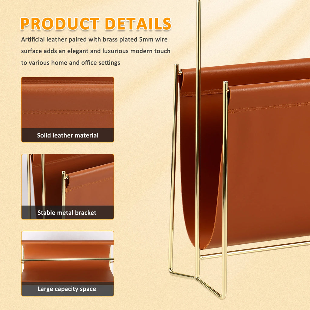 Brown Faux Leather and Gold Metal Magazine Rack for Living Room or Office