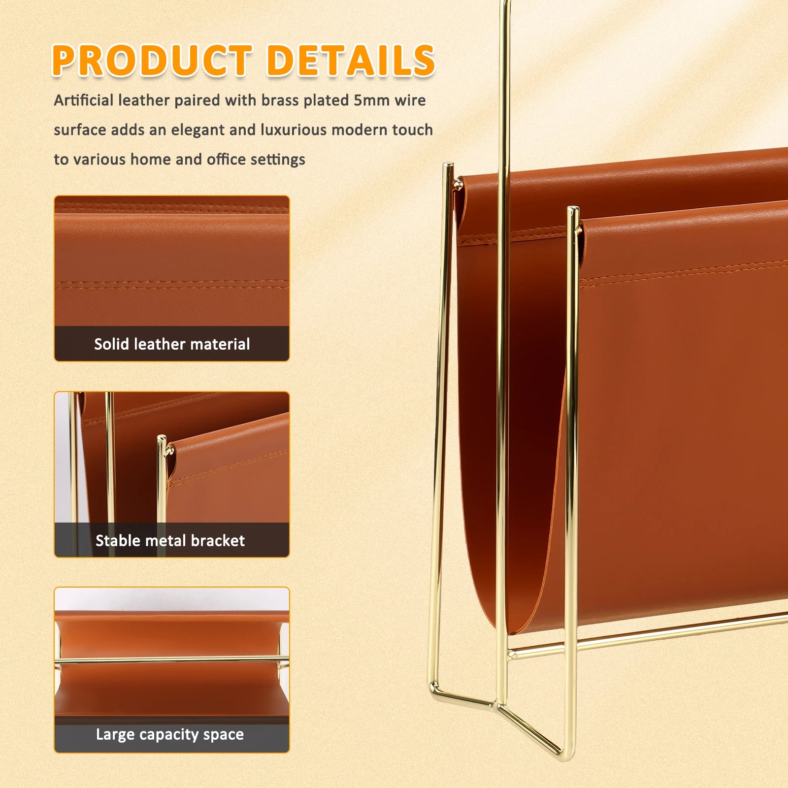 Brown Faux Leather and Gold Metal Magazine Rack for Living Room or Office