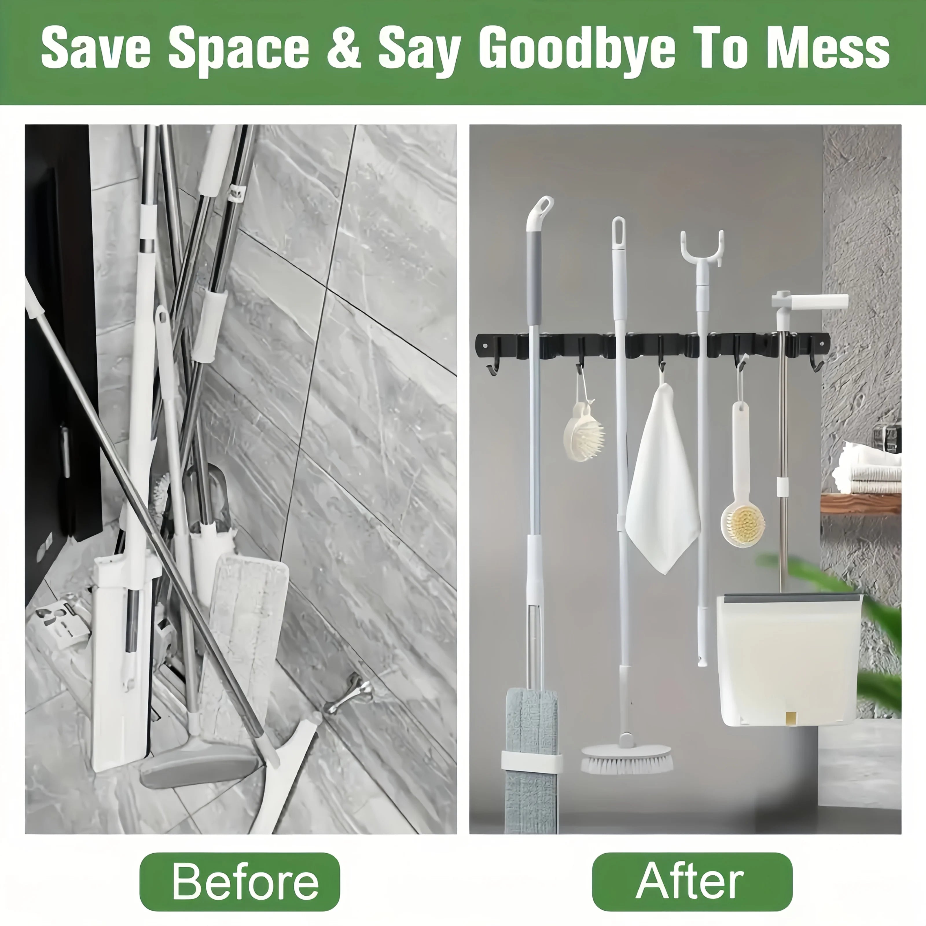 Wall-Mounted Metal Tool Rack with Hooks for Garage or Garden