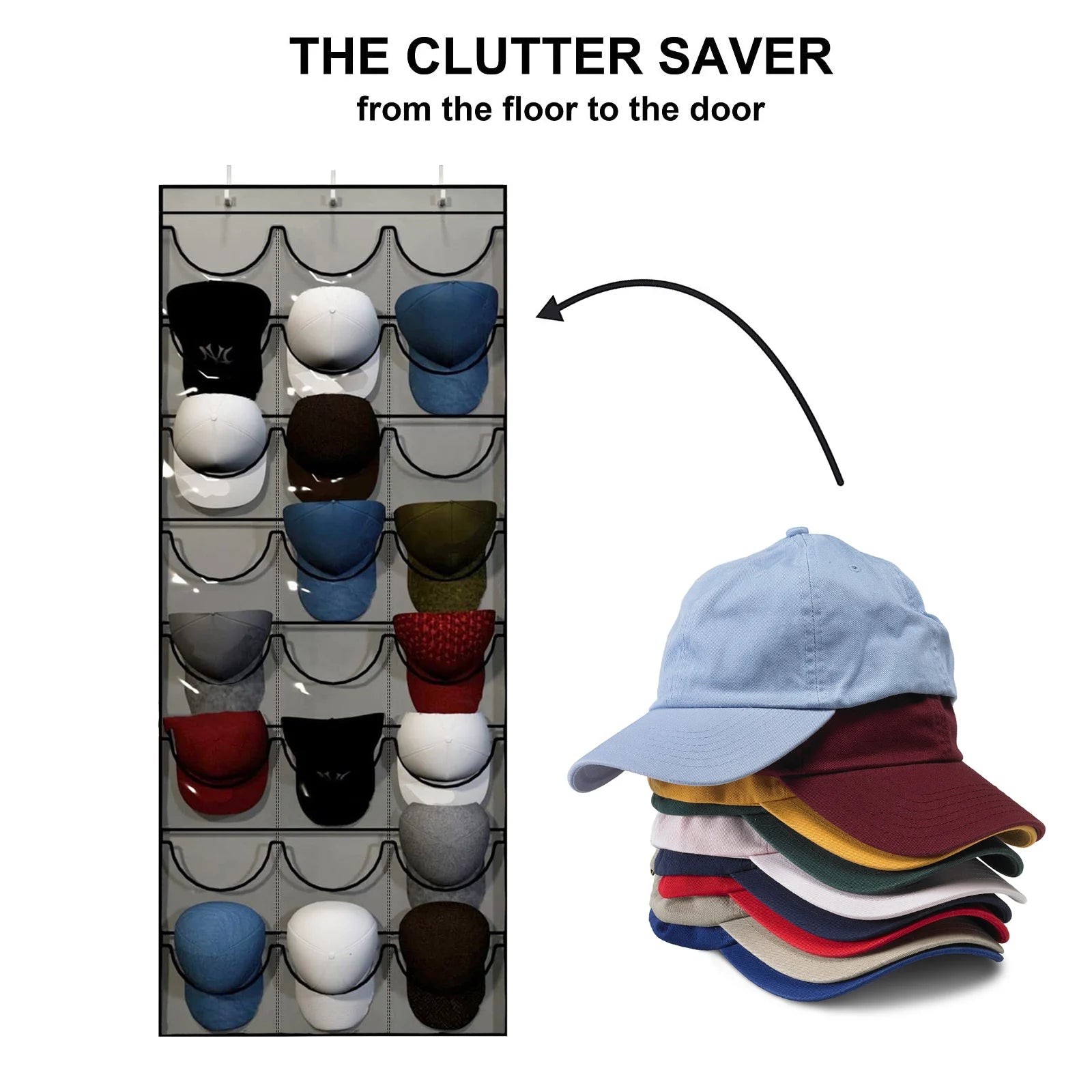 Over-door hat organizer in use and stacked baseball caps nearby