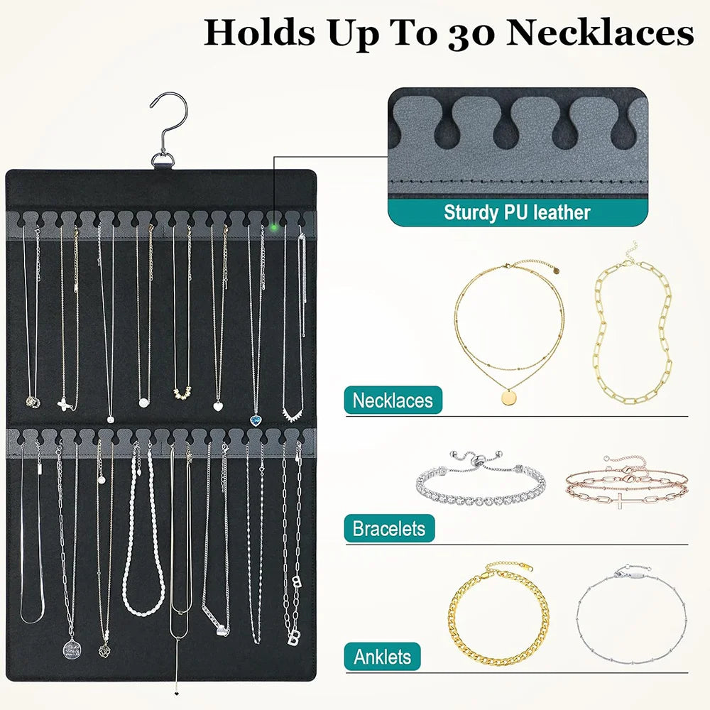 Necklace organizer side showing up to 30 necklaces, bracelets, and anklets, with close-up detail of PU leather hooks