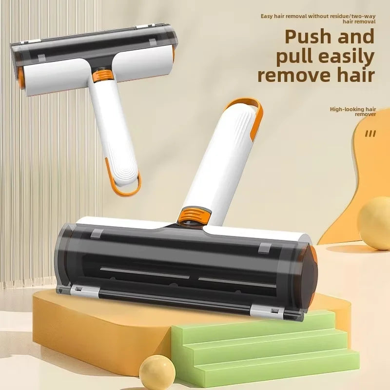 Two-way reusable lint roller brush shown for hair removal with push and pull action