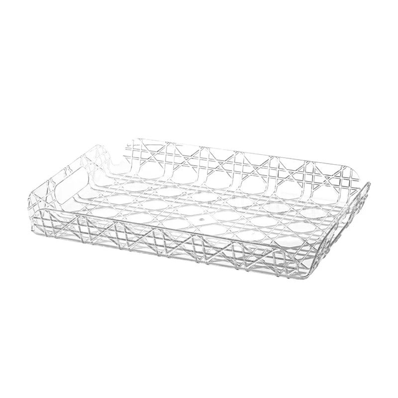 Clear rectangular serving tray with cutout handles, pictured on white background.